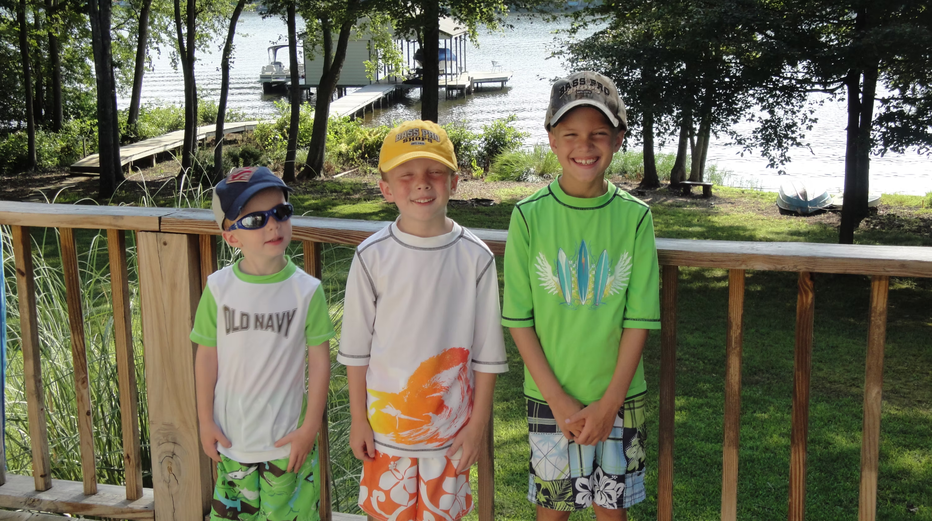 Our sons posing on the deck at the lake